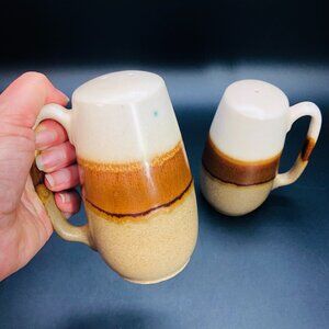 70s BEAUCE Ceramic Oversized Salt Pepper Shaker Set with Handle, Retro Boho